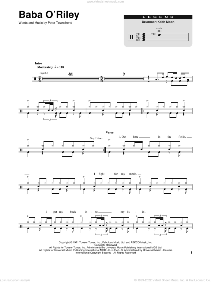 Baba O'Riley sheet music for drums by The Who and Pete Townshend, intermediate skill level