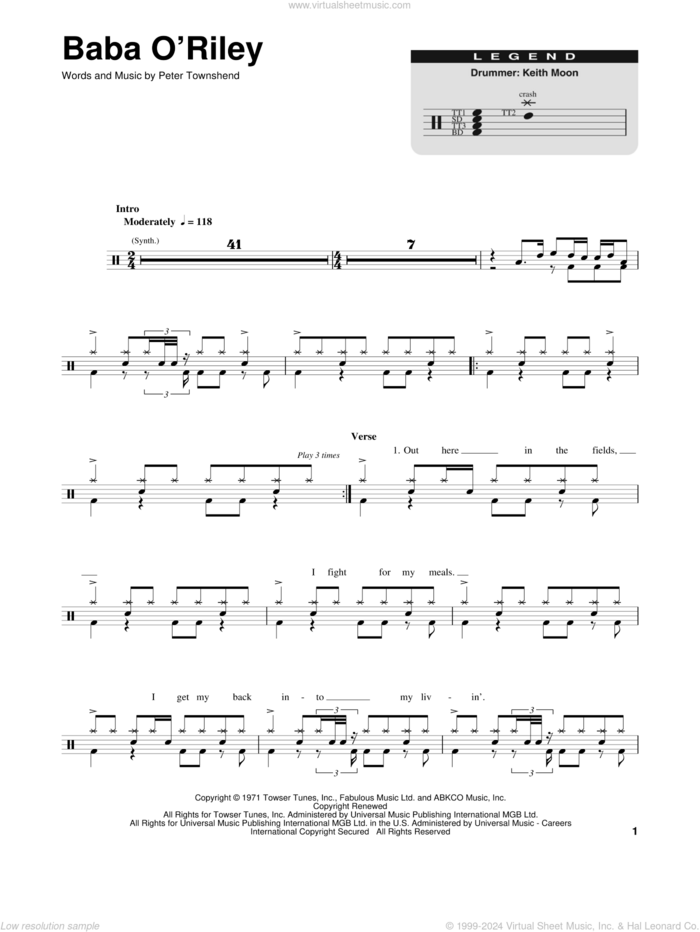 Baba O'Riley sheet music for drums by The Who and Pete Townshend, intermediate skill level