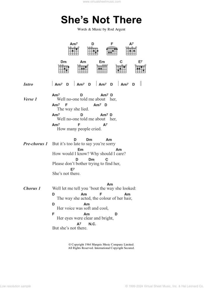 She's Not There sheet music for guitar (chords) by The Zombies and Rod Argent, intermediate skill level