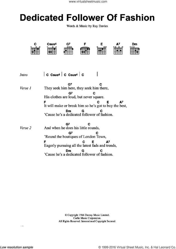 Dedicated Follower Of Fashion sheet music for guitar (chords) by The Kinks and Ray Davies, intermediate skill level