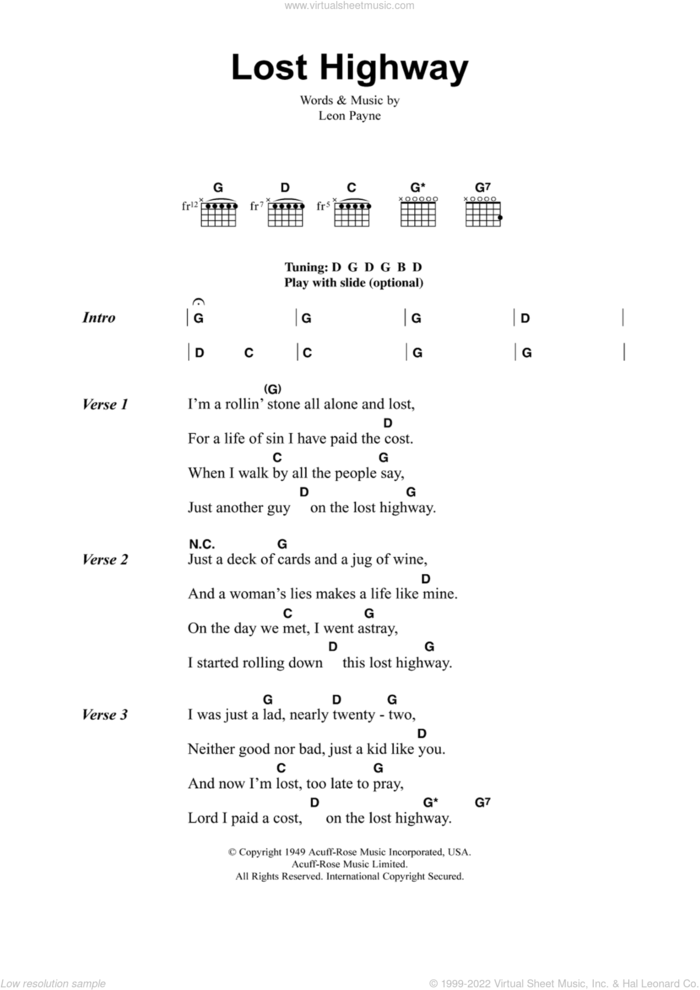 Lost Highway sheet music for guitar (chords) by Jeff Buckley and Leon Payne, intermediate skill level