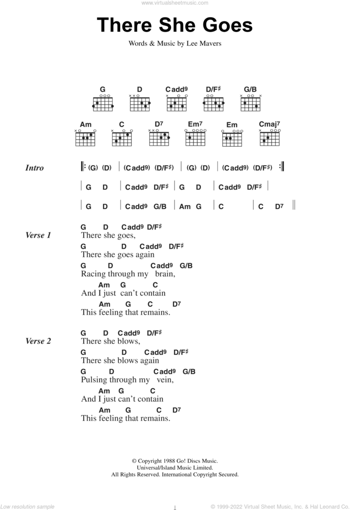 There She Goes sheet music for guitar (chords) by The La's and Lee Mavers, intermediate skill level