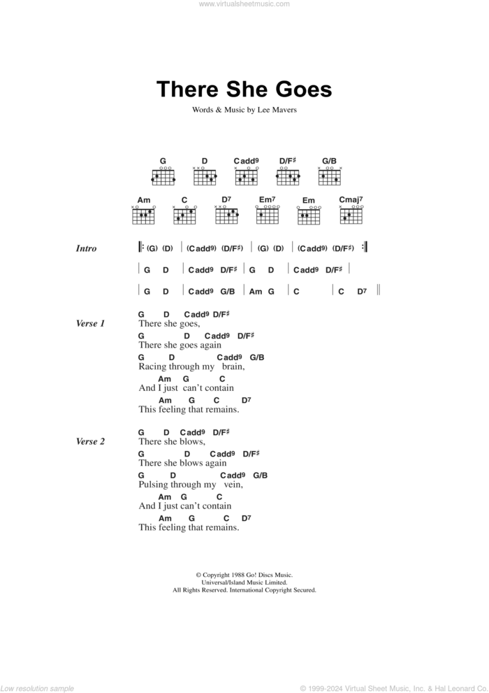 There She Goes sheet music for guitar (chords) by The La's and Lee Mavers, intermediate skill level