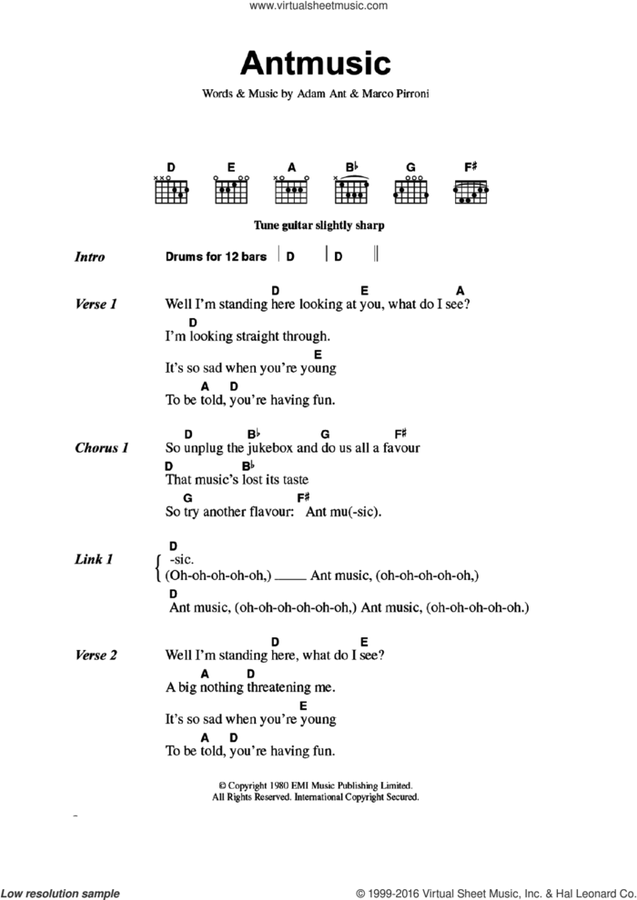 Antmusic sheet music for guitar (chords) by Adam & The Ants, Adam Ant and Marco Pirroni, intermediate skill level
