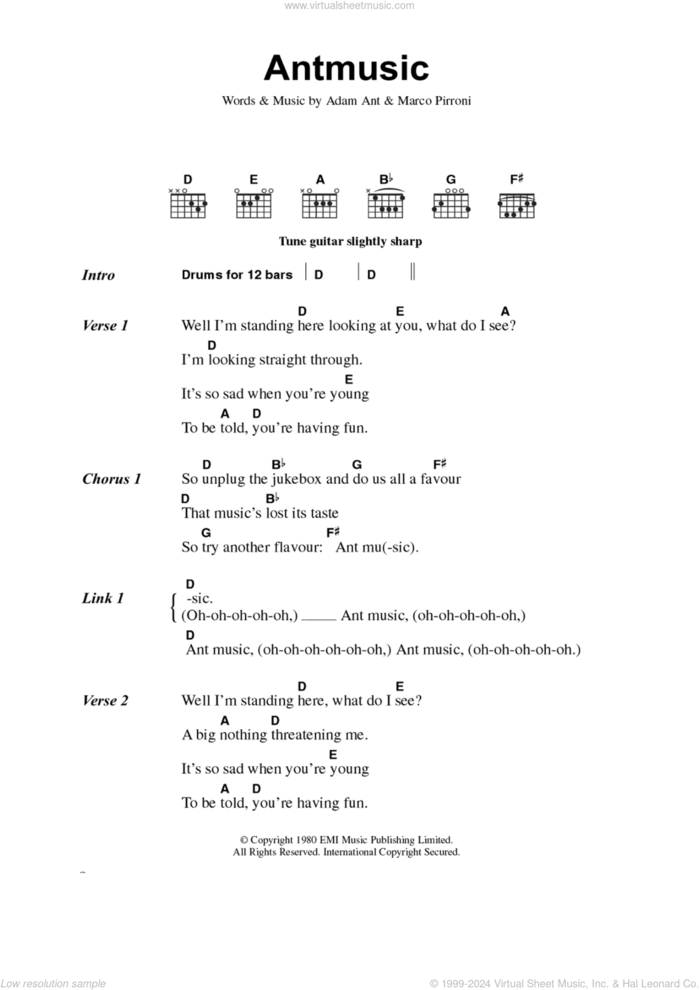 Antmusic sheet music for guitar (chords) by Adam & The Ants, Adam Ant and Marco Pirroni, intermediate skill level