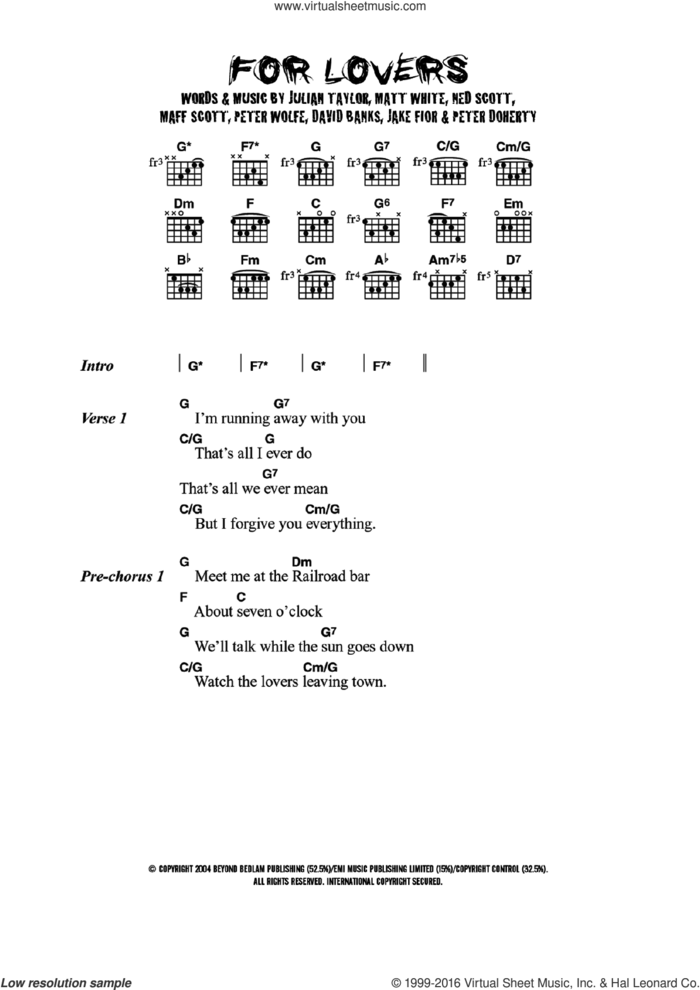 For Lovers (featuring Pete Doherty) sheet music for guitar (chords) by Wolfman, David Banks, Jake Fior, Julian Taylor, Maff Scott, Matt White, Ned Scott, Pete Doherty and Peter Wolfe, intermediate skill level