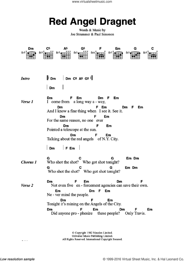 Red Angel Dragnet sheet music for guitar (chords) by The Clash, Joe Strummer and Paul Simonon, intermediate skill level