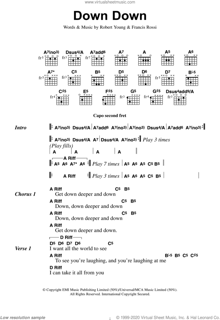 Down Down sheet music for guitar (chords) by Status Quo, Francis Rossi and Robert Young, intermediate skill level