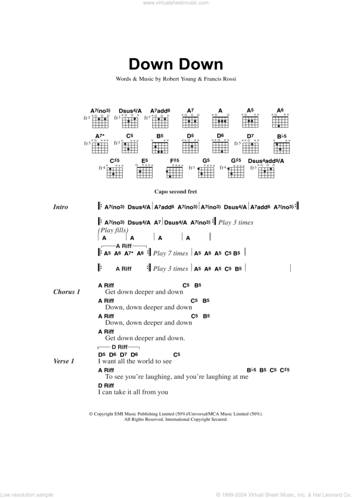 Down Down sheet music for guitar (chords) by Status Quo, Francis Rossi and Robert Young, intermediate skill level