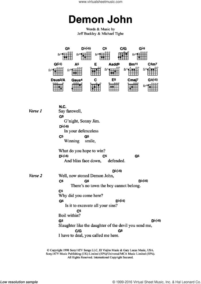 Demon John sheet music for guitar (chords) by Jeff Buckley and Michael Tighe, intermediate skill level