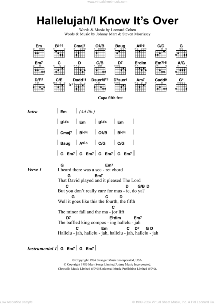 Hallelujah/I Know It's Over sheet music for guitar (chords) by Jeff Buckley, Johnny Marr, Leonard Cohen and Steven Morrissey, intermediate skill level