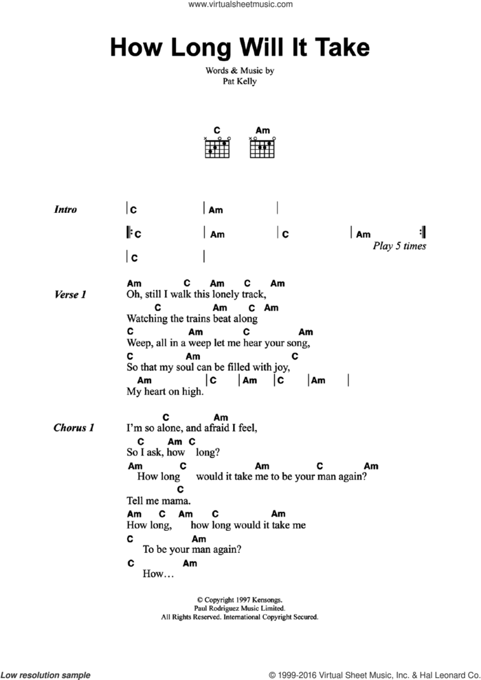 How Long Will It Take sheet music for guitar (chords) by Jeff Buckley and Pat Kelly, intermediate skill level