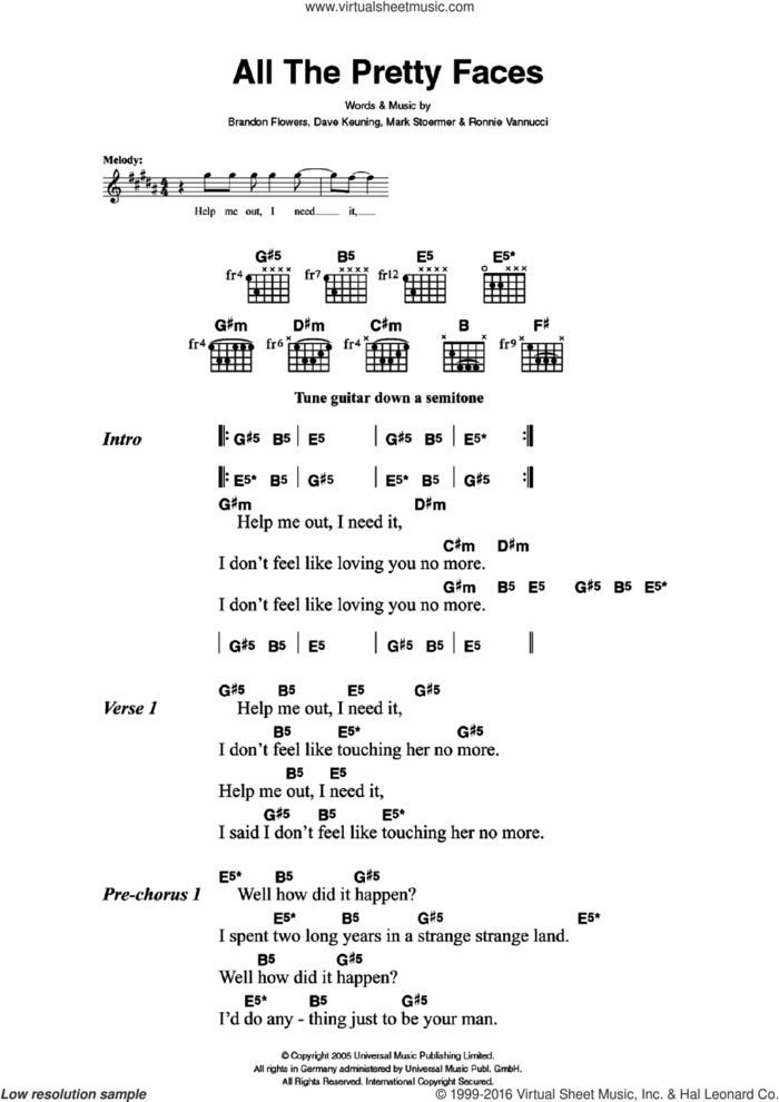All The Pretty Faces sheet music for guitar (chords) by The Killers, Brandon Flowers, Dave Keuning, Mark Stoermer and Ronnie Vannucci, intermediate skill level