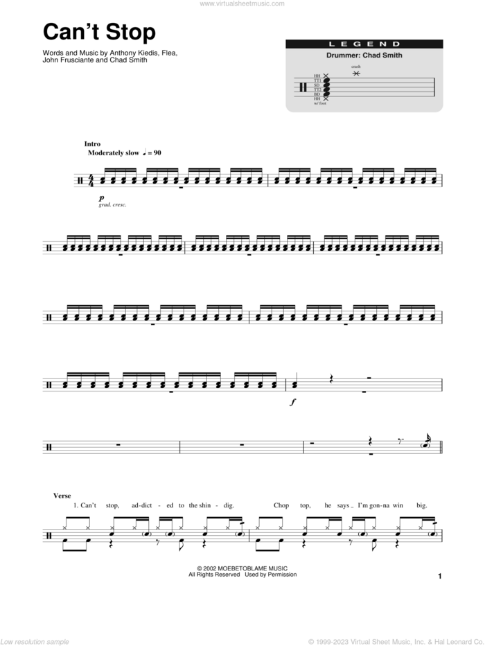 Can't Stop sheet music for drums by Red Hot Chili Peppers, Anthony Kiedis, Chad Smith, Flea and John Frusciante, intermediate skill level