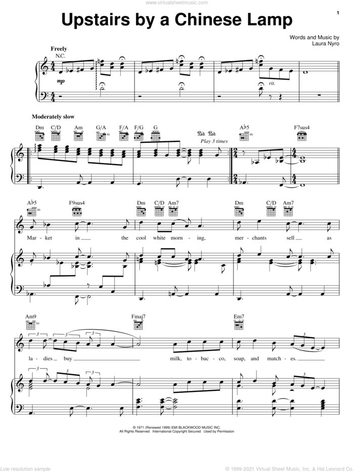Upstairs By A Chinese Lamp sheet music for voice, piano or guitar by Laura Nyro, intermediate skill level