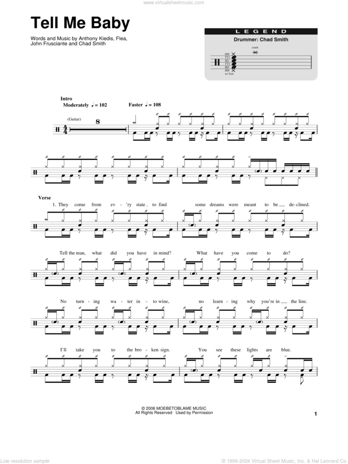 Tell Me Baby sheet music for drums by Red Hot Chili Peppers, Anthony Kiedis, Chad Smith, Flea and John Frusciante, intermediate skill level