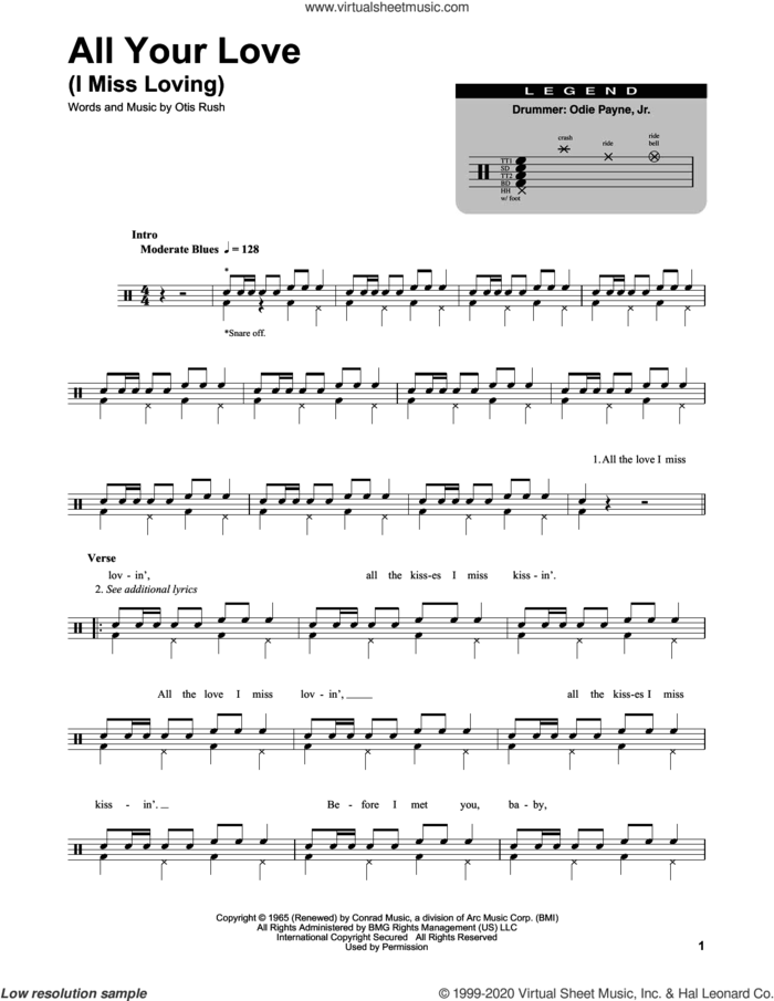 All Your Love (I Miss Loving) sheet music for drums by Eric Clapton and Otis Rush, intermediate skill level