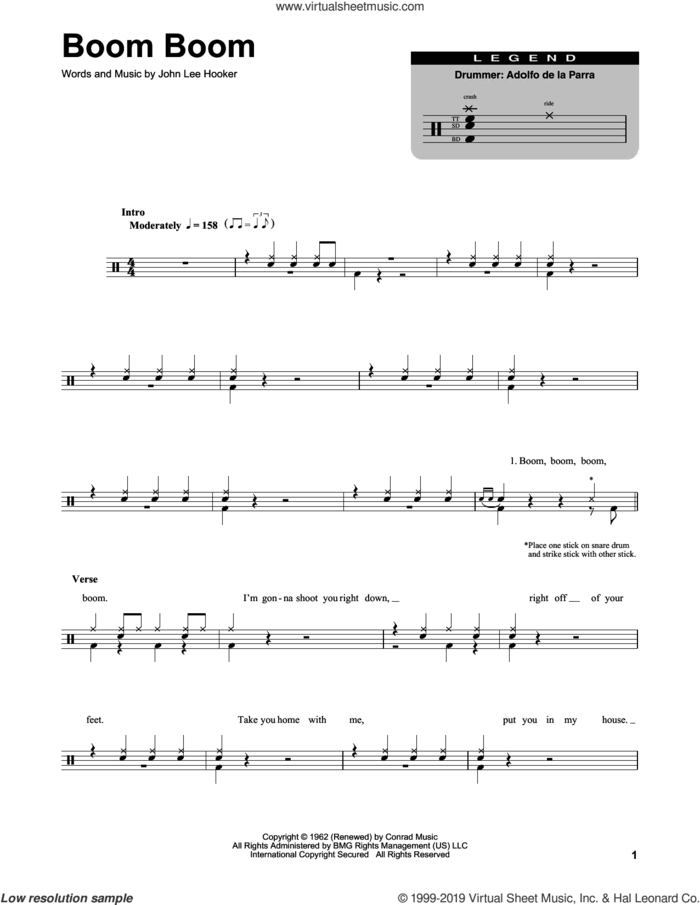 Boom Boom sheet music for drums by John Lee Hooker and Eric Clapton, intermediate skill level