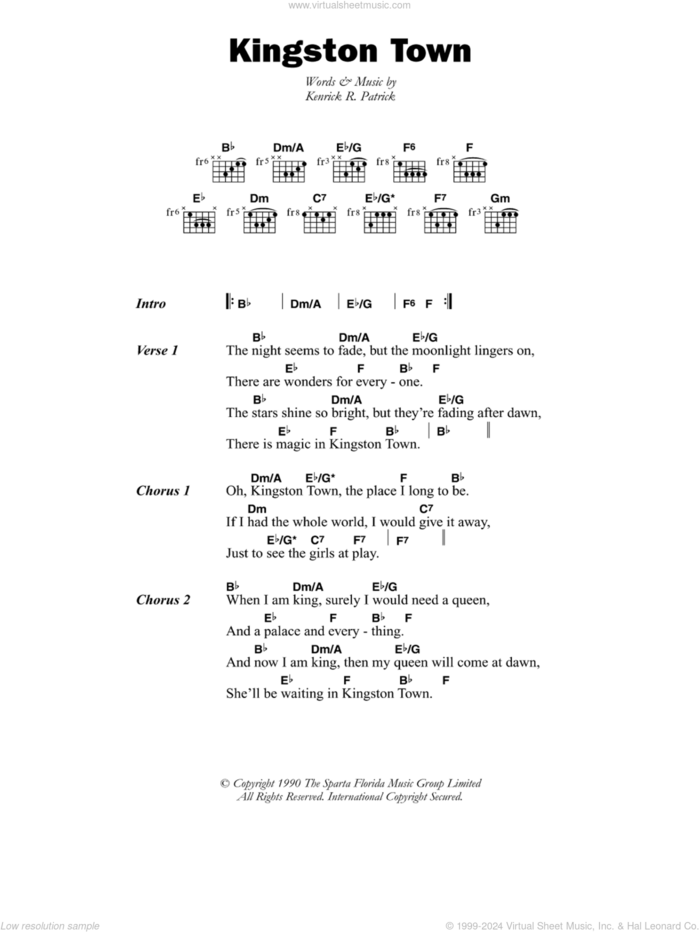 Kingston Town sheet music for guitar (chords) by Lord Creator and Kenrick R. Patrick, intermediate skill level