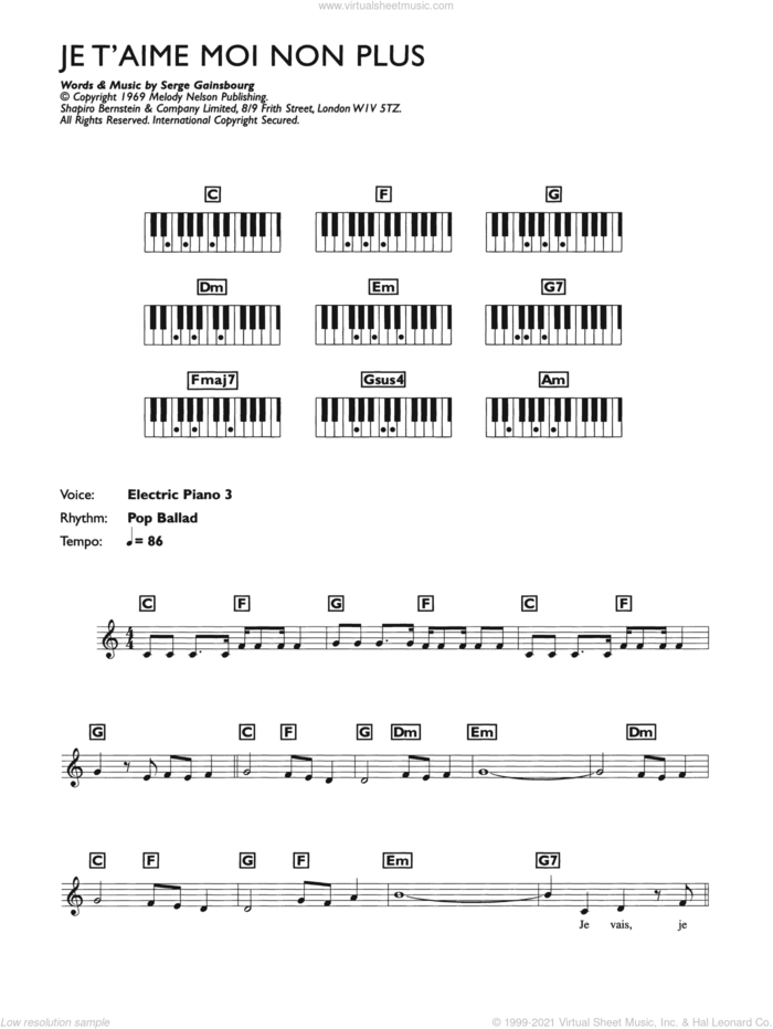 Je t'aime... moi non plus sheet music for piano solo (chords, lyrics, melody) by Serge Gainsbourg and Jane Birkin, intermediate piano (chords, lyrics, melody)