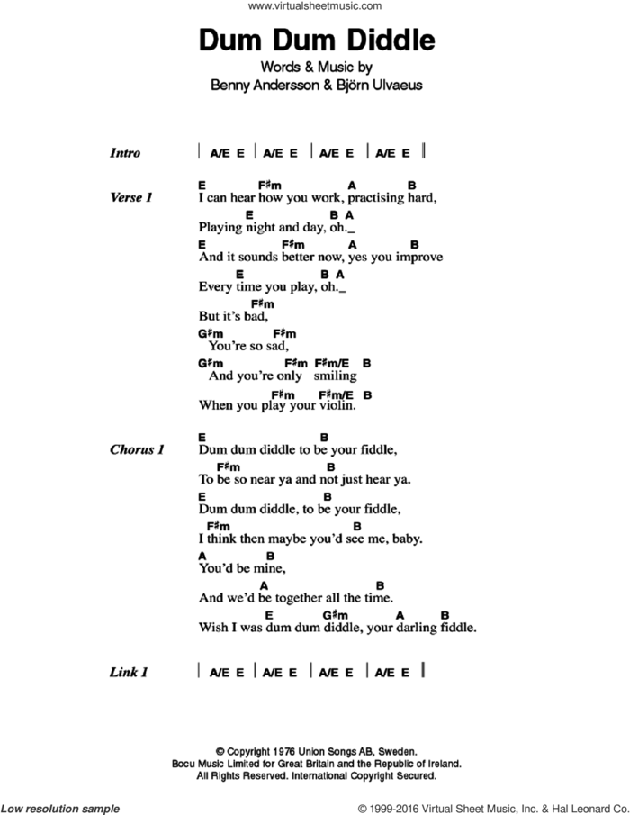 Dum Dum Diddle sheet music for guitar (chords) by ABBA, Benny Andersson and Bjorn Ulvaeus, intermediate skill level