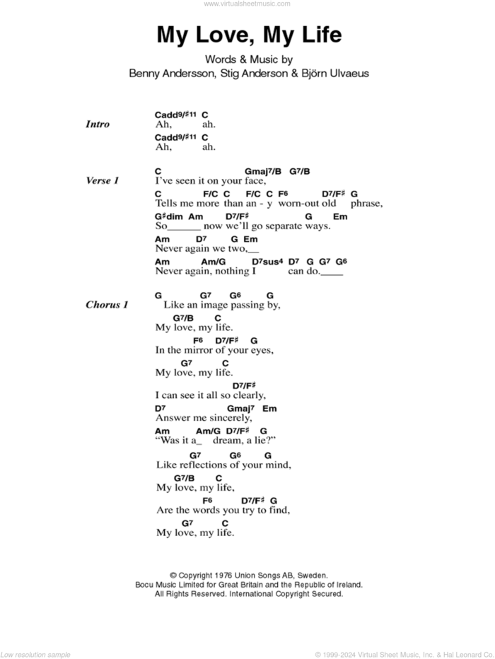 My Love, My Life sheet music for guitar (chords) by ABBA, Benny Andersson, Bjorn Ulvaeus and Stig Anderson, intermediate skill level