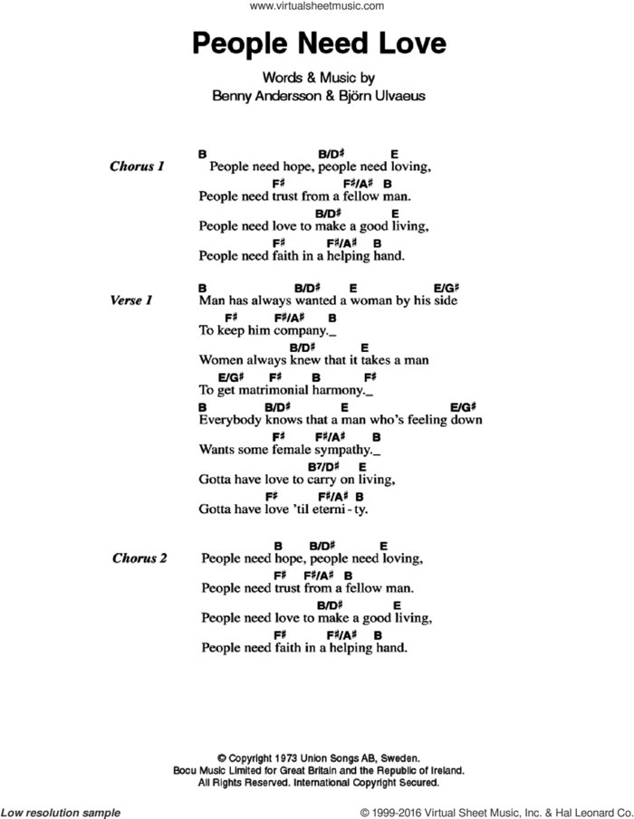 People Need Love sheet music for guitar (chords) by ABBA, Benny Andersson and Bjorn Ulvaeus, intermediate skill level