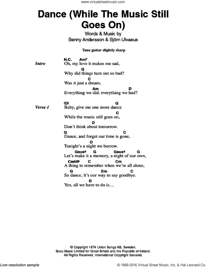 Dance (While The Music Still Goes On) sheet music for guitar (chords) by ABBA, Benny Andersson and Bjorn Ulvaeus, intermediate skill level