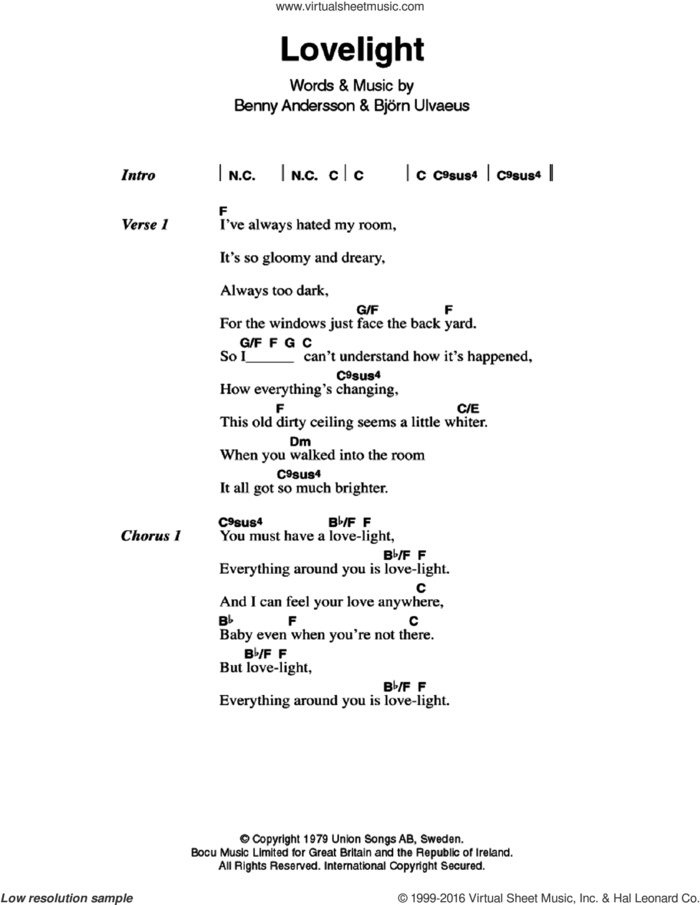 Lovelight sheet music for guitar (chords) by ABBA, Benny Andersson and Bjorn Ulvaeus, intermediate skill level