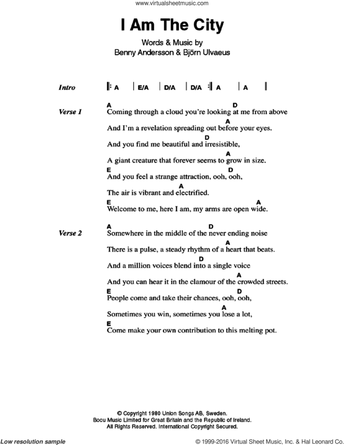 I Am The City sheet music for guitar (chords) by ABBA, Benny Andersson and Bjorn Ulvaeus, intermediate skill level
