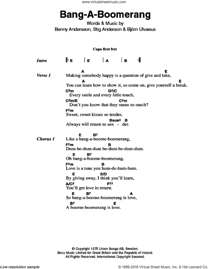 Bang-A-Boomerang sheet music for guitar (chords) by ABBA, Benny Andersson, Bjorn Ulvaeus and Stig Anderson, intermediate skill level