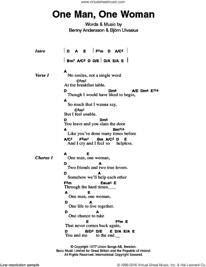 One Man, One Woman sheet music for guitar (chords) by ABBA, Benny Andersson and Bjorn Ulvaeus, intermediate skill level