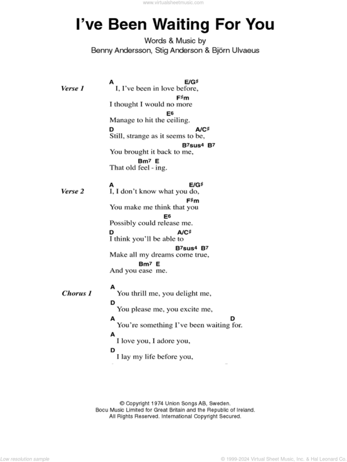 I've Been Waiting For You sheet music for guitar (chords) by ABBA, Benny Andersson, Bjorn Ulvaeus and Stig Anderson, intermediate skill level