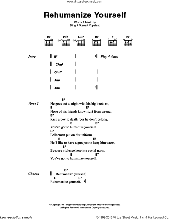Rehumanize Yourself sheet music for guitar (chords) by The Police, Stewart Copeland and Sting, intermediate skill level