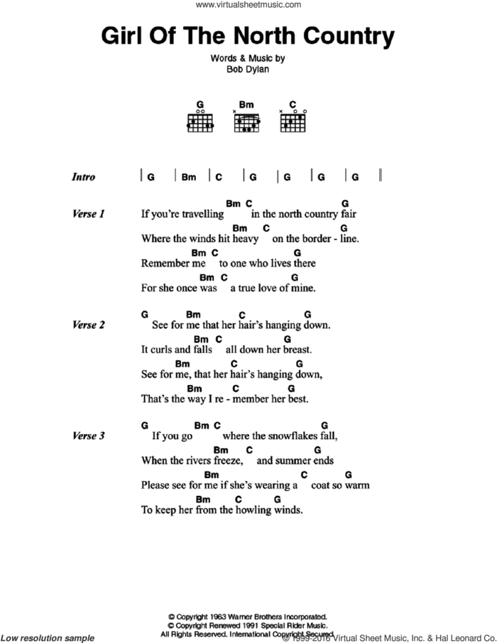 Girl Of The North Country sheet music for guitar (chords) by Bob Dylan, intermediate skill level