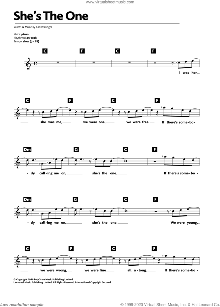 She's The One sheet music for piano solo (chords, lyrics, melody) by Robbie Williams and Karl Wallinger, intermediate piano (chords, lyrics, melody)