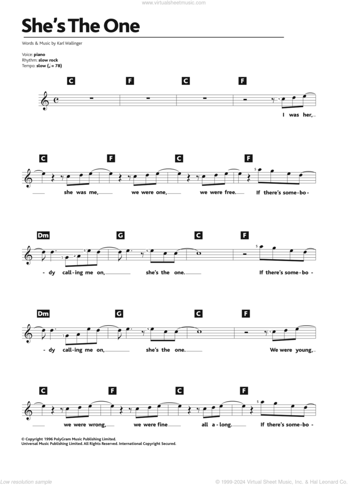 She's The One sheet music for piano solo (chords, lyrics, melody) by Robbie Williams and Karl Wallinger, intermediate piano (chords, lyrics, melody)