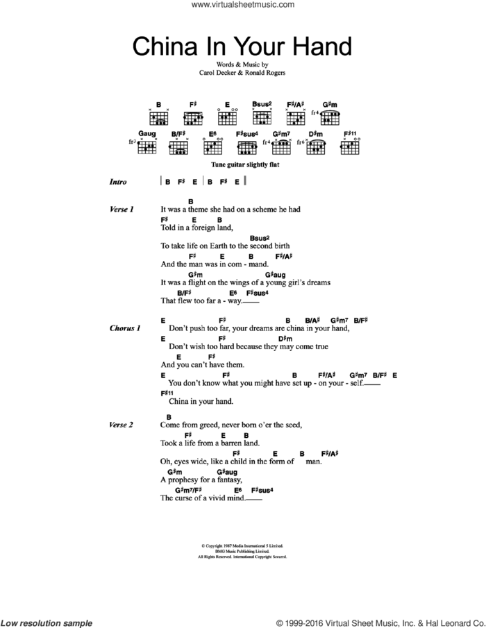 China In Your Hand sheet music for guitar (chords) by T'Pau, Carol Decker and Ronald Rogers, intermediate skill level