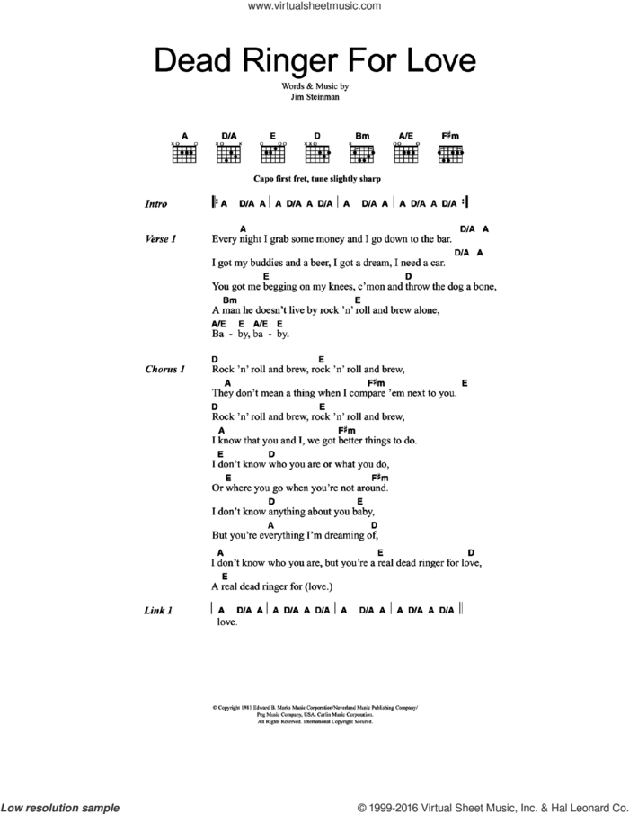 Dead Ringer For Love sheet music for guitar (chords) by Cher, Meat Loaf and Jim Steinman, intermediate skill level
