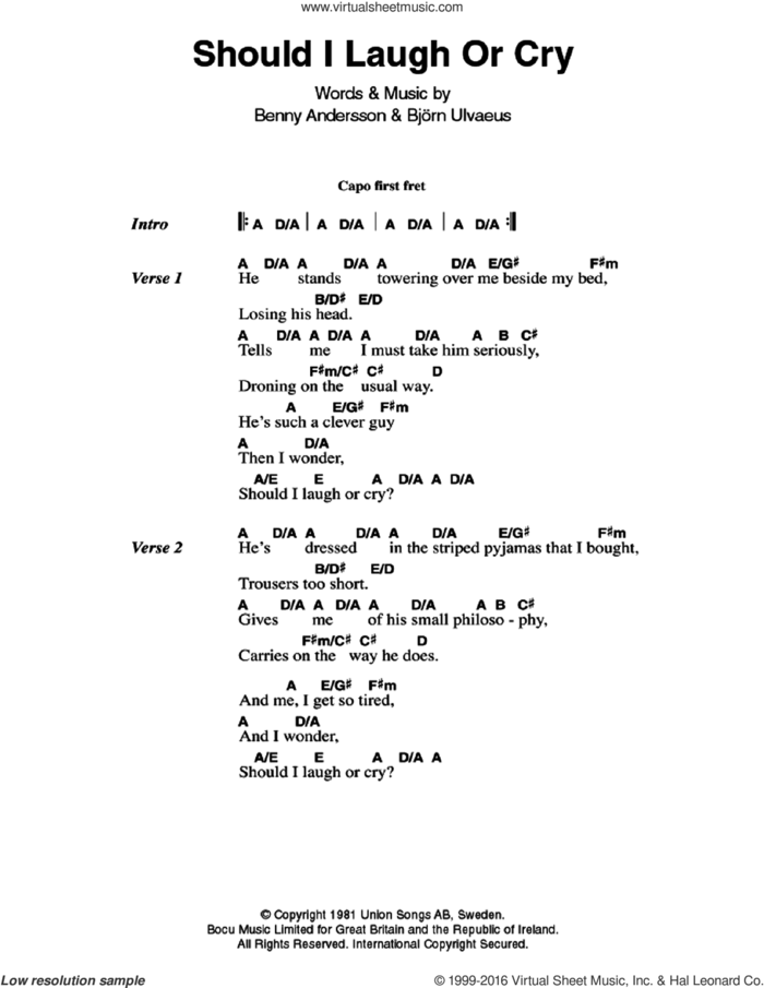 Should I Laugh Or Cry sheet music for guitar (chords) by ABBA, Benny Andersson and Bjorn Ulvaeus, intermediate skill level