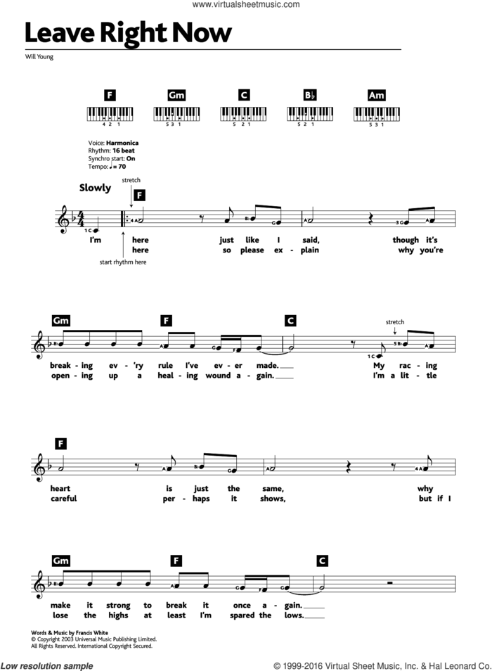 Leave Right Now sheet music for piano solo (chords, lyrics, melody) by Will Young and Francis White, intermediate piano (chords, lyrics, melody)