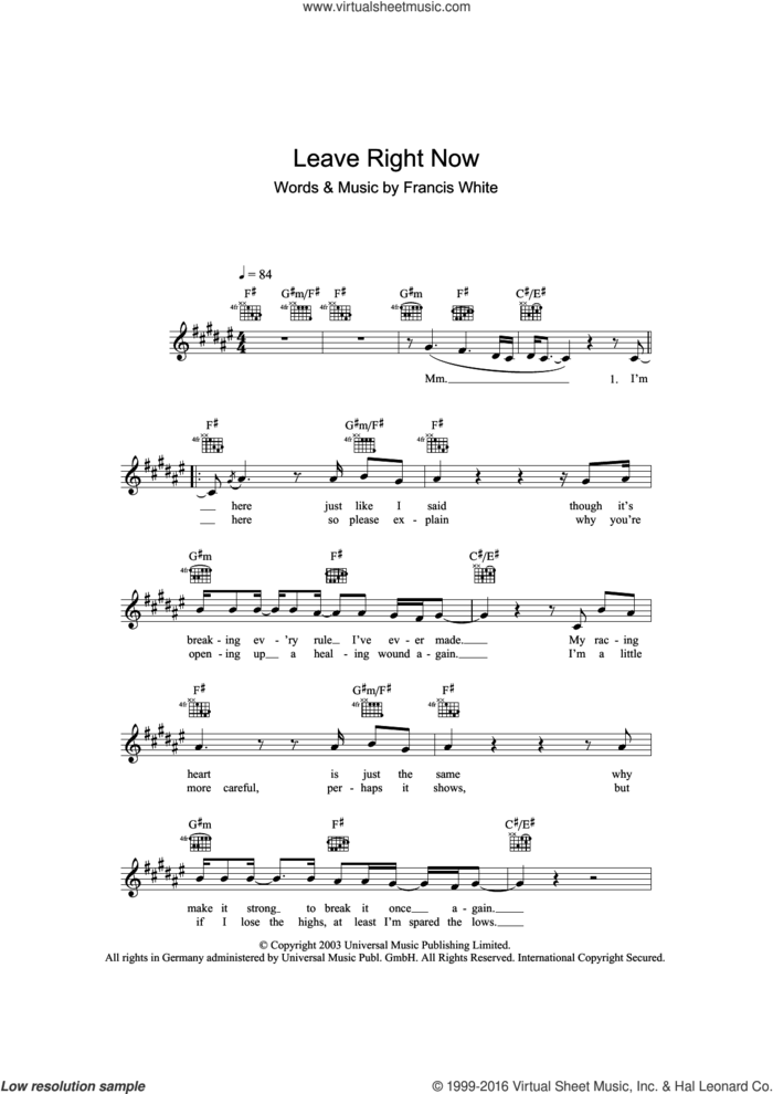 Leave Right Now sheet music for voice and other instruments (fake book) by Will Young and Francis White, intermediate skill level