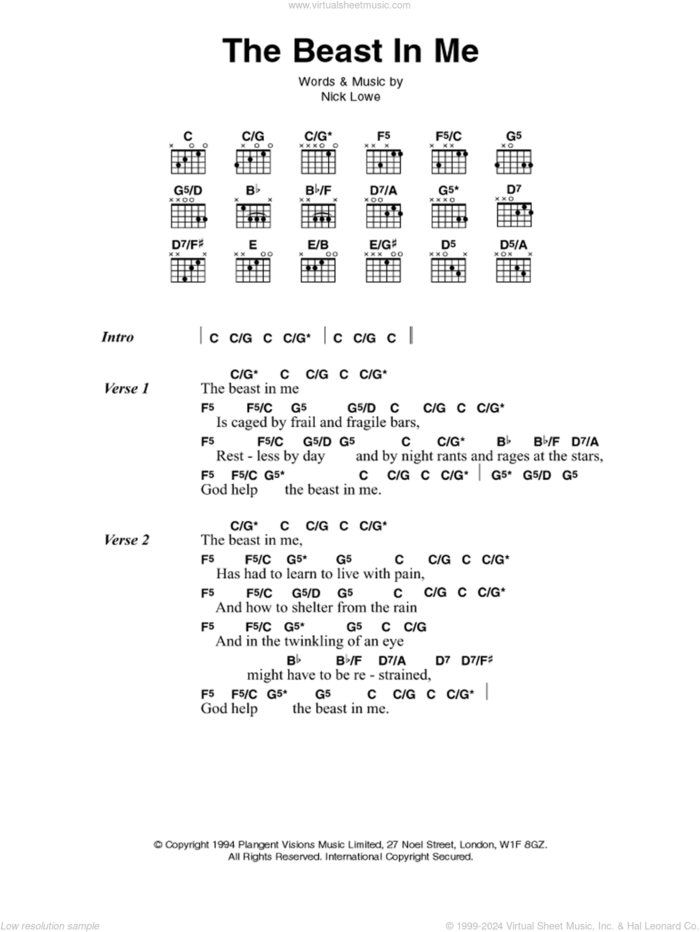 The Beast In Me sheet music for guitar (chords) by Johnny Cash and Nick Lowe, intermediate skill level