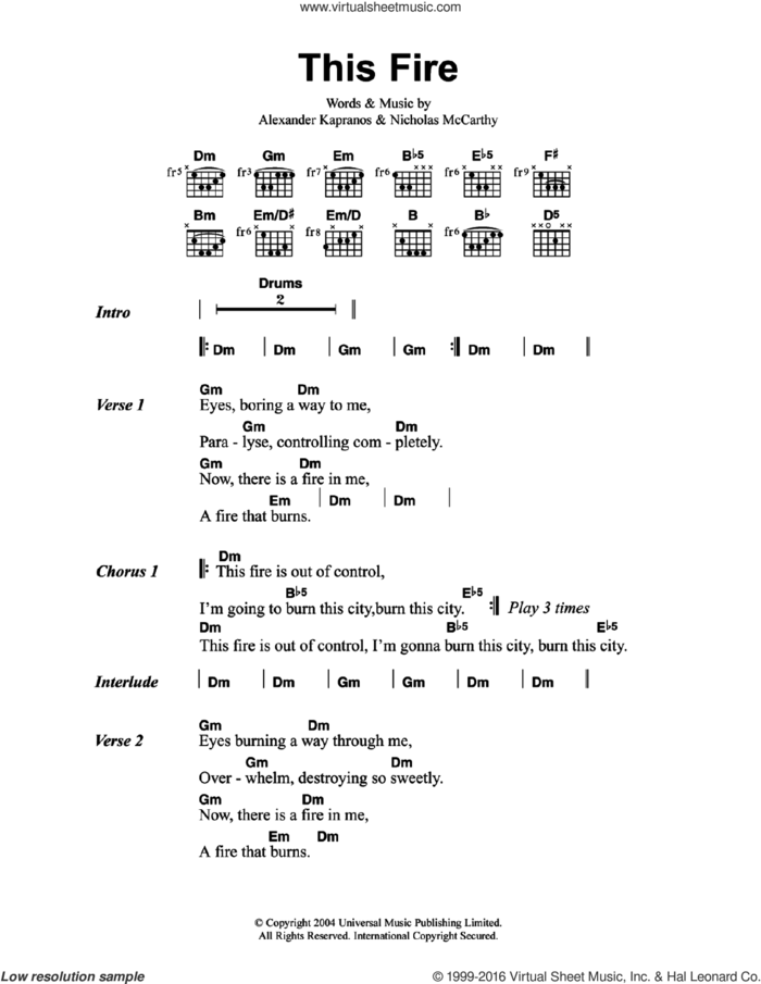 This Fire sheet music for guitar (chords) by Franz Ferdinand, Alex Kapranos and Nicholas McCarthy, intermediate skill level