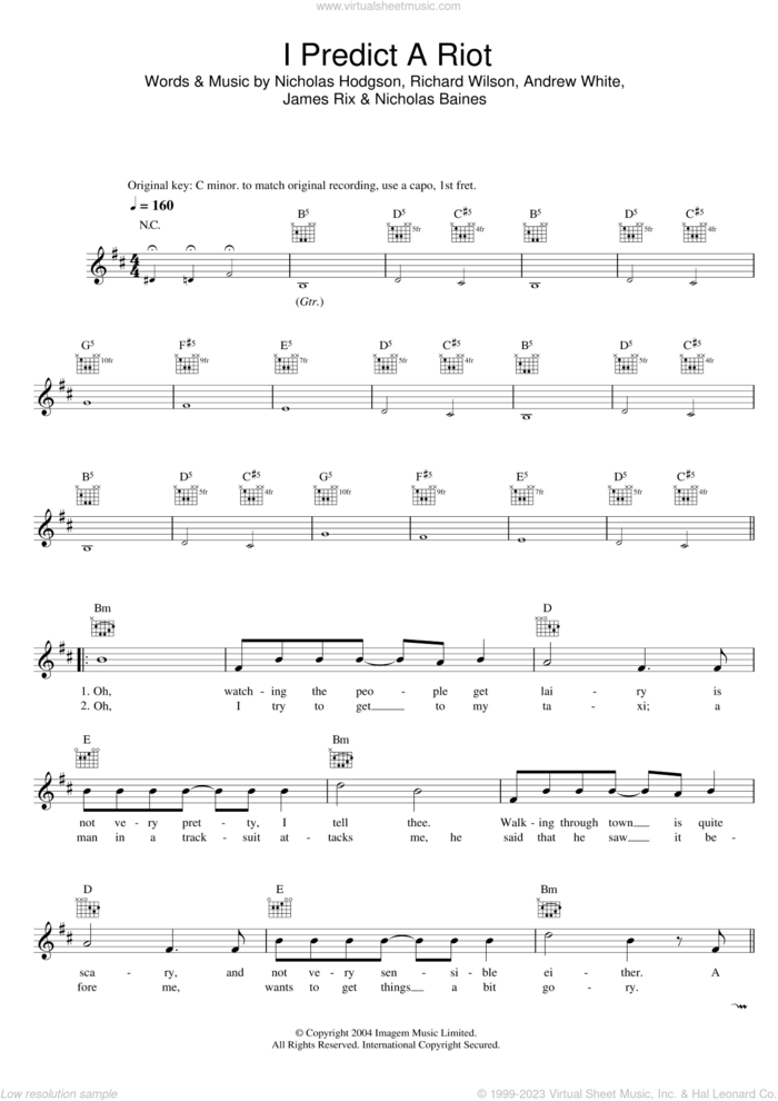 I Predict A Riot sheet music for voice and other instruments (fake book) by Kaiser Chiefs, Andrew White, James Rix, Nicholas Baines, Nicholas Hodgson and Richard Wilson, intermediate skill level