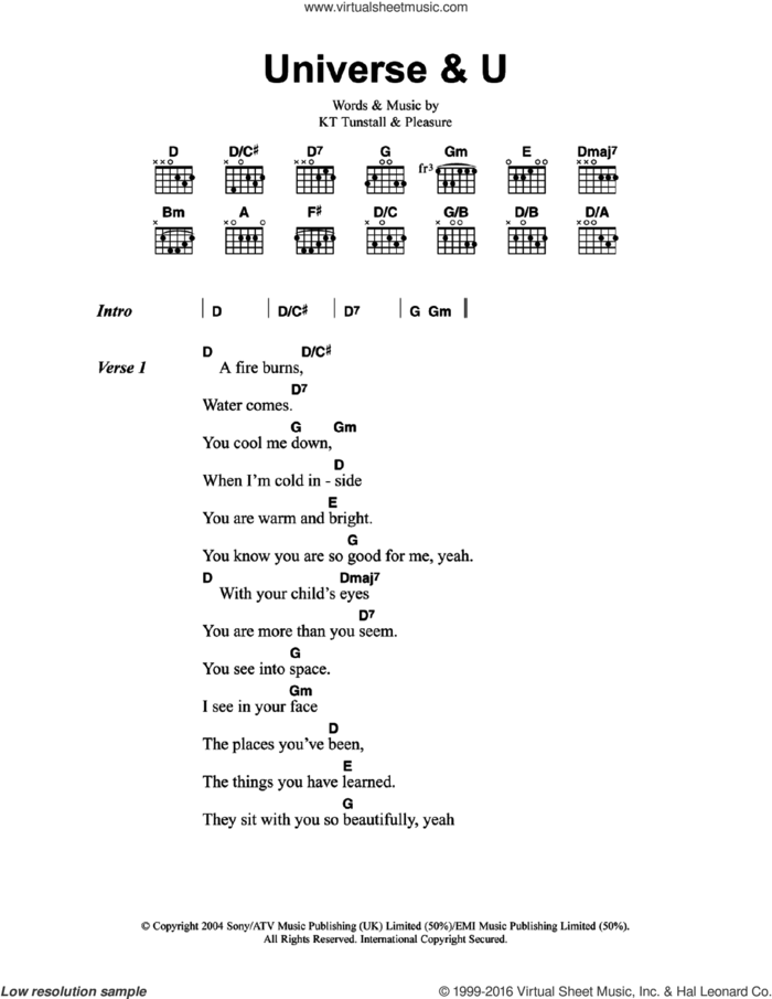 Universe and U sheet music for guitar (chords) by KT Tunstall and Pleasure, intermediate skill level