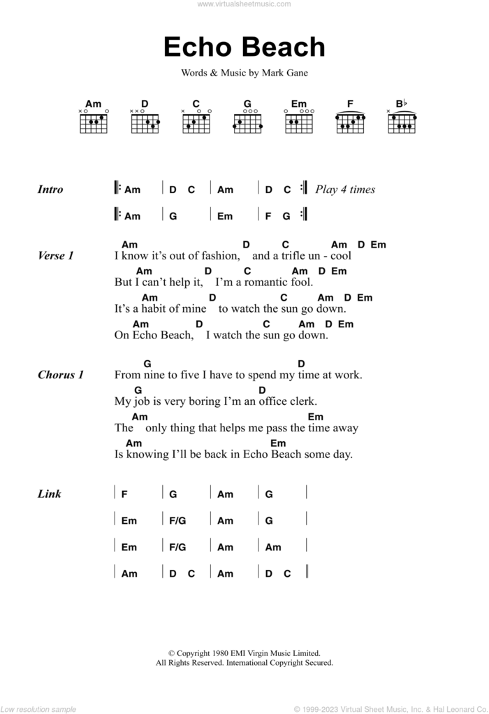 Echo Beach sheet music for guitar (chords) by Martha & The Muffins and Mark Gane, intermediate skill level