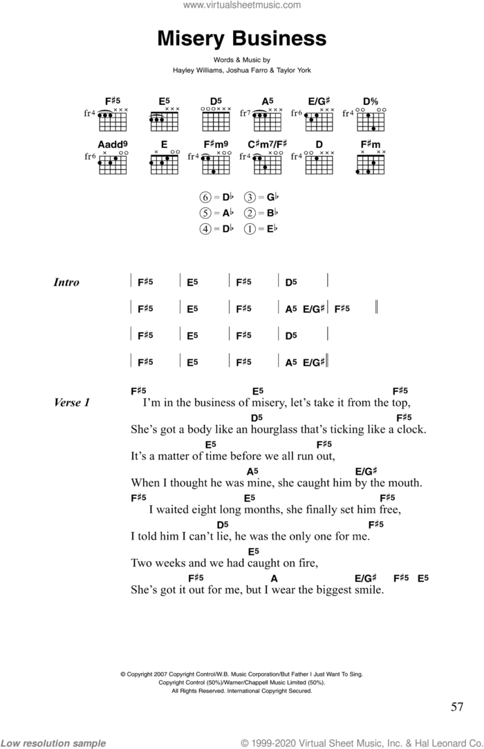 Misery Business sheet music for guitar (chords) by Paramore, Hayley Williams, Josh Farro and Taylor York, intermediate skill level