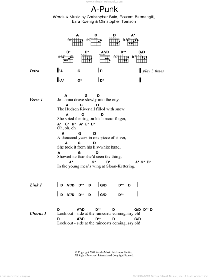 A-Punk sheet music for guitar (chords) by Vampire Weekend, Christopher Baio, Christopher Tomson, Ezra Koenig and Rostam Batmanglij, intermediate skill level