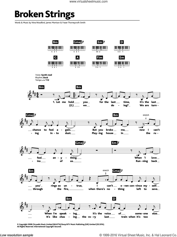 Broken Strings (featuring Nelly Furtado) sheet music for piano solo (chords, lyrics, melody) by James Morrison, Nelly Furtado, Fraser Thorneycroft-Smith and Nina Woodford, intermediate piano (chords, lyrics, melody)